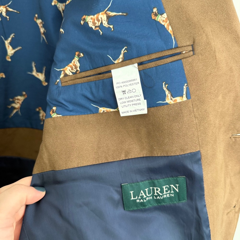 Lauren Ralph Lauren Men's Suede Blazer Brown Dog Print Lining Sz 44R Equestrian - Picture 5 of 9